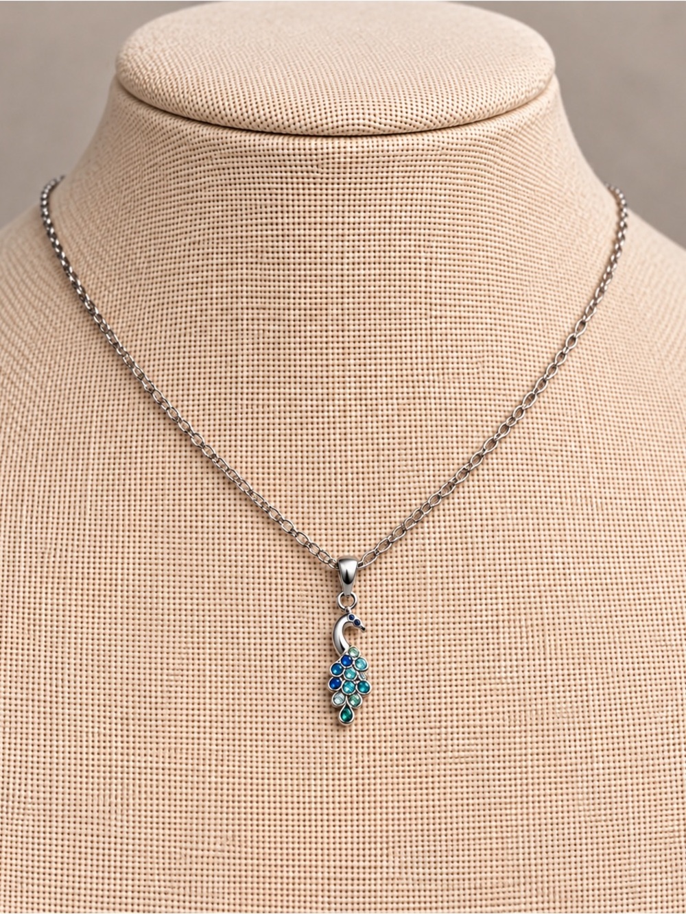 Silver Peacock Crystal Pendant Necklace – Blue Green Teal Rhinestones